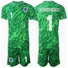 Nederländerna Bart Verbruggen #1 Målvakt Hemmaställ Barn EM 2024 Korta ärmar (+ Korta byxor)